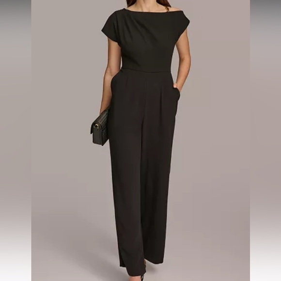 NWT Donna Karan Black Wide-Leg Jumpsuit with Cap Sleeves Sz 16 - Picture 2 of 8